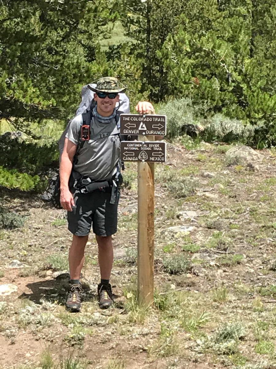 The beginning of my hike at the Copper Mountain Trailhead. The Colorado Trail Foundation does a great job of marking the trail along the way. On my waist is my bear spray, which fortunately I did not have cause to employ.  As the sign indicates, this part of the Colorado Trail is also the Continental Divide Trail.  