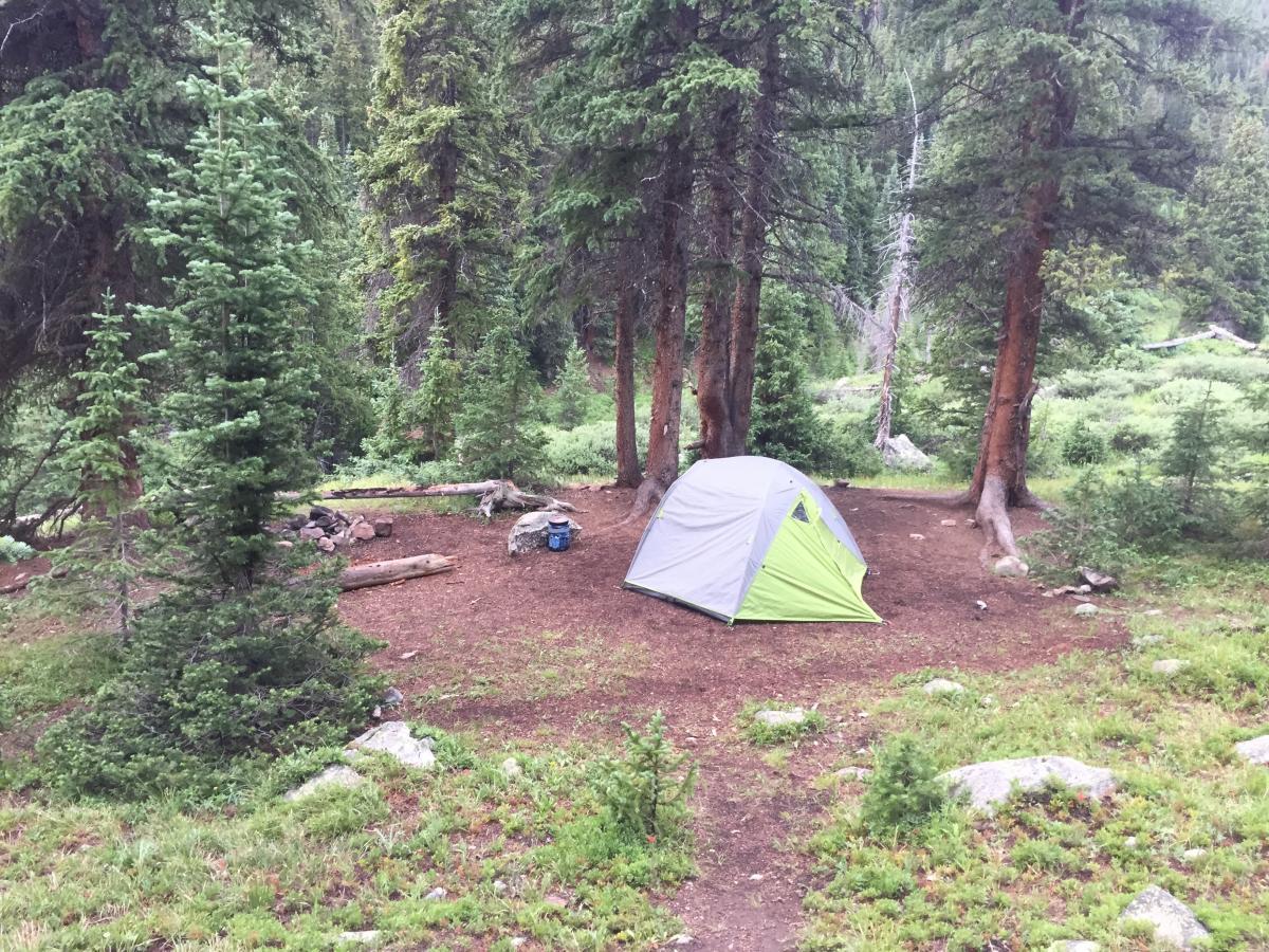 This was my setup for the first night. To the left of my tent you can see my bear vault, a rigid plastic container with a locking lid. I stored all of my food, trash and toiletries in the bear vault at night and placed it 25 yards or more away from my tent so as not to attract any unwelcomed guests into my tent in the night. Another option is to place your food, etc. in a bear bag and suspend the bag from a tree. I carried mostly dehydrated food and boiled water using a Jetboil to re-hydrate my meals. 