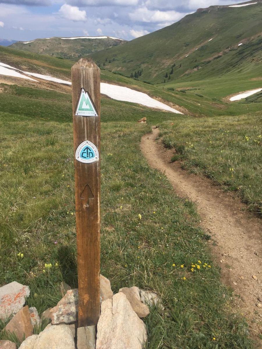 One of the trail markers maintained by the Colorado Trail Foundation. The top symbol is for the Colorado Trail, the bottom symbol is for the Continental Divide Trail (they are the same trail in this area). 